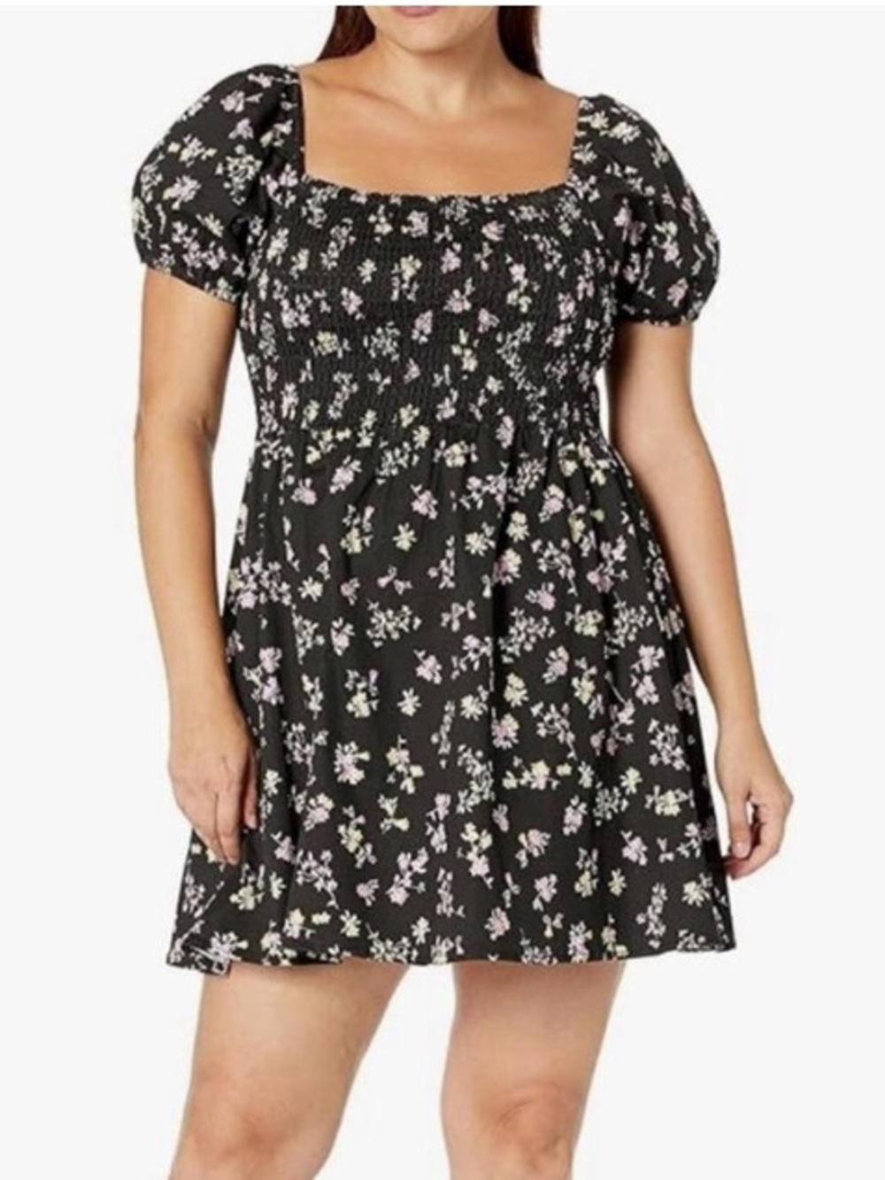 City Chic mono ditzy Smocked Square-Neck Mini Dress in Black Floral Sz 20 New